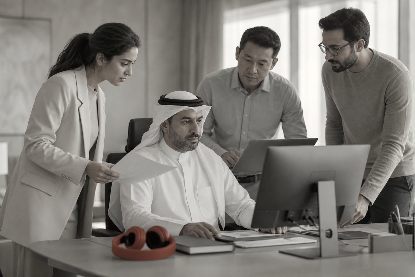 خبير يحاول التركيز على شاشته وثلاثة زملاء يحيطون بمكتبه بأسئلتهم.